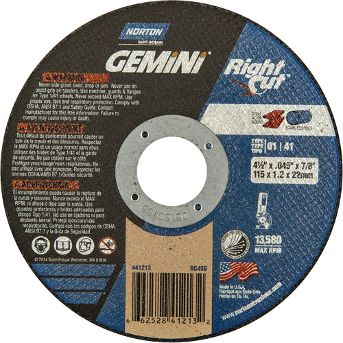 Meule &agrave; tronçonner pour coupe &agrave; angle droit RightCut Gemini, 4-1/2" x 0,045", Arbre de 7/8", Type 01/41, Oxyde d'aluminium, 13580 Tr/min Oxymax Inc