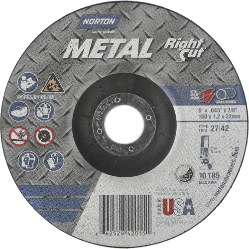 Metal RightCut Right Angle Cut-Off Wheel, 6" x 0.045", 7/8" Arbor, Type 27/42, Aluminum Oxide, 10190 RPM Oxymax Inc
