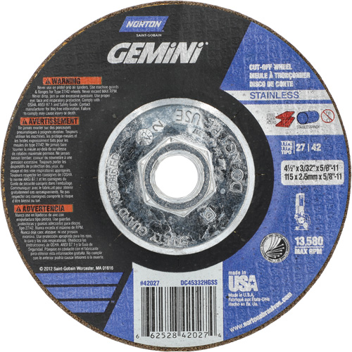 Meule &agrave; tronçonner pour coupe &agrave; angle droit INOX/SS Gemini, 4-1/2" x 3/32", Arbre de 5/8"-11, Type 27/42, Oxyde d'aluminium, 13580 Tr/min Oxymax Inc