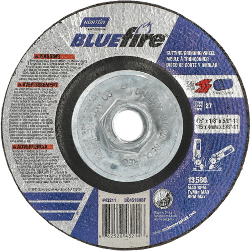BlueFire Grinding & Cutting Wheel, 4-1/2" x 1/8", 5/8"-11 Arbor, Type 27, Zirconia Alumina Oxymax Inc