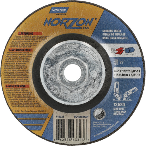 NorZon Plus SGZ CA Grinding & Cutting Wheel, 4-1/2" x 1/8", 5/8"-11 Arbor, Type 27, Ceramic Alumina Oxymax Inc