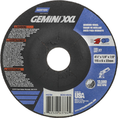 Meule XXL Gemini, 4-1/2" x 1/4", Arbre 7/8", Oxyde d'aluminium, Type 27 Oxymax Inc