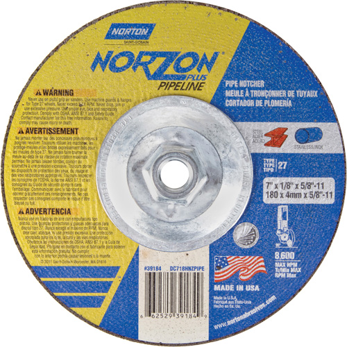 NorZon Plus SGZ Right Angle Cut-Off Wheel, 7" x 1/8", 5/8"-11 Arbor, Type 27/42, Ceramic Alumina, 8600 RPM Oxymax Inc