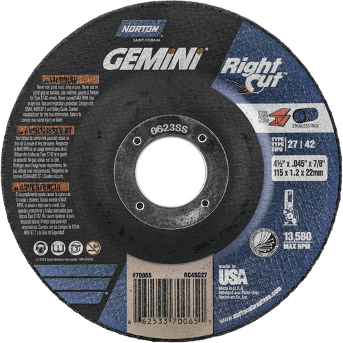 Gemini RightCut Right Angle Cut-Off Wheel, 4-1/2" x 0.045", 7/8" Arbor, Type 27/42, Aluminum Oxide, 13580 RPM Oxymax Inc