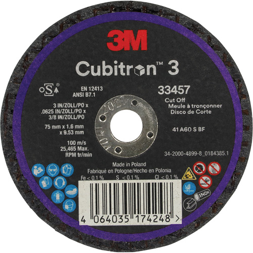 Meule &agrave; tronçonner Cubitron 3, 3" x 0,063", Arbre de 3/8", C&eacute;ramique Oxymax Inc