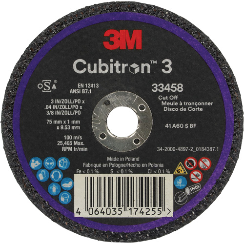 Meule &agrave; tronçonner Cubitron 3, 3" x 0,039", Arbre de 3/8", C&eacute;ramique Oxymax Inc