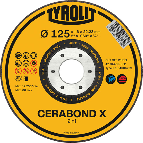 Meule &agrave; tronçonner pour acier et acier inoxydable CERABOND X, 4-1/2" x 0,6", Arbre de 7/8", Type 1, C&eacute;ramique, 12250 Tr/min Oxymax Inc