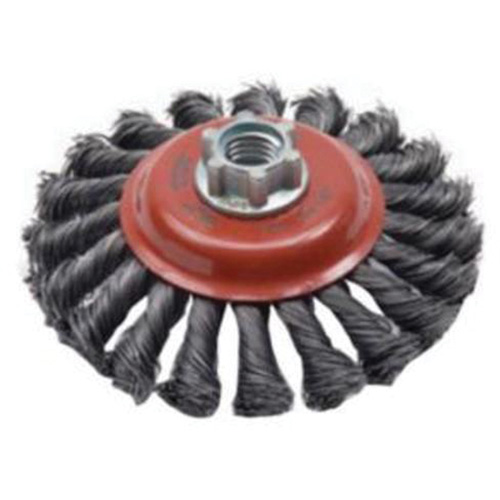 Brosse concave &agrave; fils nou&eacute;s torsad&eacute;s, Dia. 4", Fils 0,02", Arbre 5/8"-11, Acier Oxymax Inc
