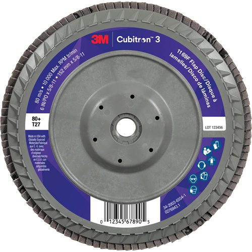 Cubitron 3 Flat Flap Disc with Quick Change 1169F, 6" x 5/8"-11, Type T27, 80+ Grit, Ceramic Oxymax Inc