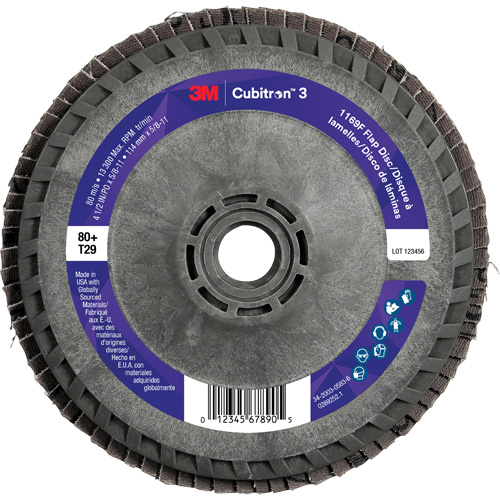 Cubitron 3 Conical  Flap Disc with Quick Change 1169F, 4-1/2" x 5/8"-11, Type T29, 80+ Grit, Ceramic Oxymax Inc