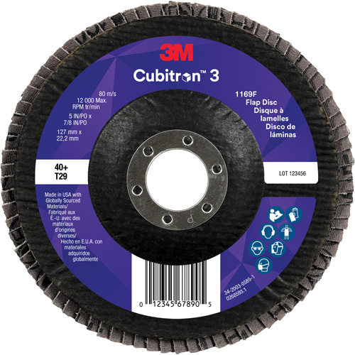 Cubitron 3 Conical  Flap Disc 1169F, 5" x 7/8", Type T29, 40+ Grit, Ceramic Oxymax Inc