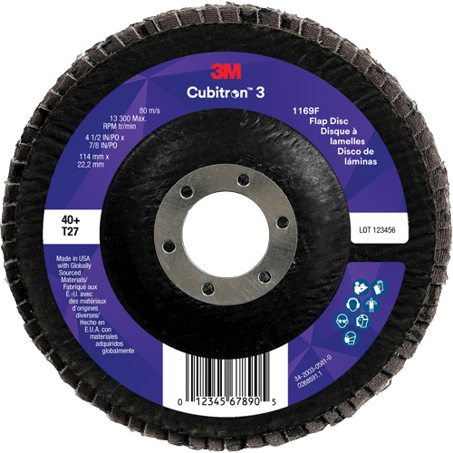 Cubitron 3 Flat Flap Disc 1169F, 4-1/2" x 7/8", Type T27, 40+ Grit, Ceramic Oxymax Inc