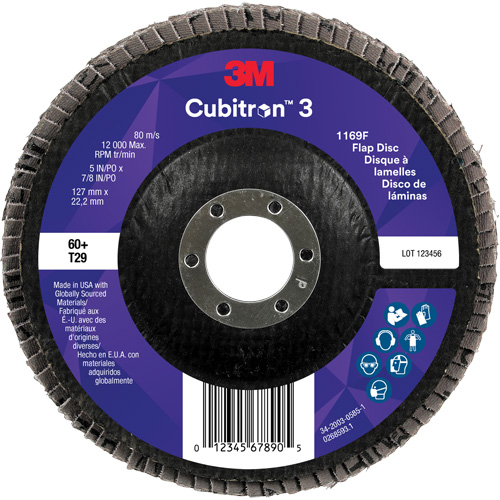 Cubitron 3 Conical  Flap Disc 1169F, 5" x 7/8", Type T29, 60+ Grit, Ceramic Oxymax Inc