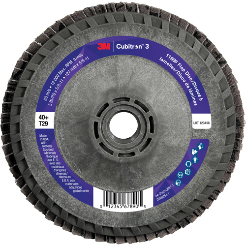 Cubitron 3 Conical  Flap Disc with Quick Change 1169F, 5" x 5/8"-11, Type T29, 40+ Grit, Ceramic Oxymax Inc