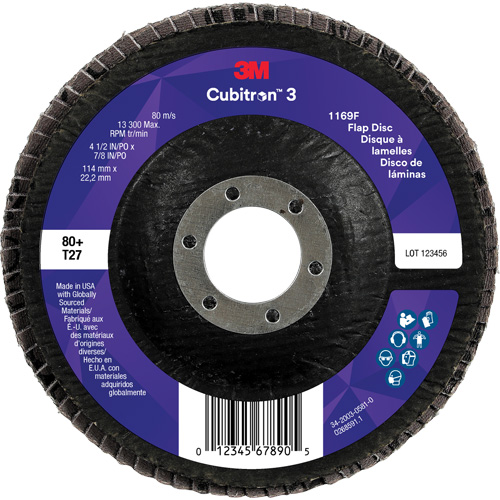 Cubitron 3 Flat Flap Disc 1169F, 4-1/2" x 7/8", Type T27, 80+ Grit, Ceramic Oxymax Inc