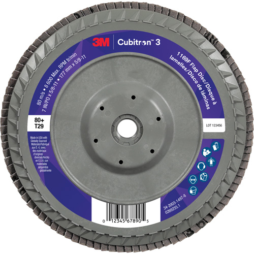 Cubitron 3 Conical  Flap Disc with Quick Change 1169F, 7" x 5/8"-11, Type T29, 80+ Grit, Ceramic Oxymax Inc