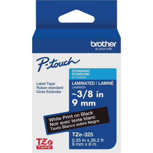 P-touch&reg; Labeling Systems, 9 mm x 314.96" or 8 m, White on Black Oxymax Inc