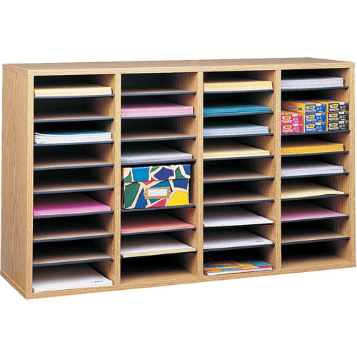 Adjustable Compartment Literature Organizer, Stationary, 36 Slots, Wood, 39-1/4" W x 11-3/4" D x 24" H Oxymax Inc
