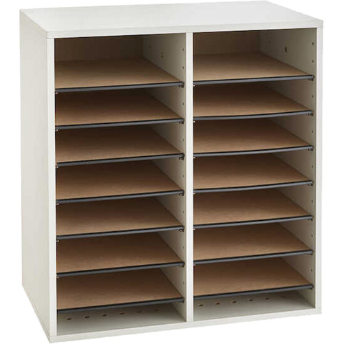 Adjustable Compartment Literature Organizer, Stationary, 16 Slots, Wood, 19-1/2" W x 11-3/4" D x 21" H Oxymax Inc