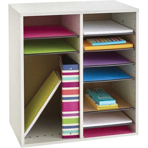 Adjustable Compartment Literature Organizer, Stationary, 16 Slots, Wood, 19-1/2" W x 11-3/4" D x 21" H Oxymax Inc