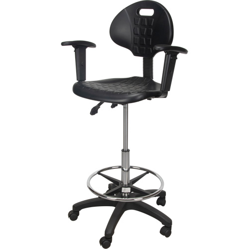 Heavy-Duty Ergonomic Stool with Adjustable Arm Rests & Nylon Stem Casters, Mobile, Adjustable, 39" - 48", Polyurethane Seat, Black Oxymax Inc