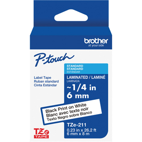 TZe-211 Laminated Tape for TZe-Compatible P-Touch Label Makers, Black on White, 0.23" Width Oxymax Inc