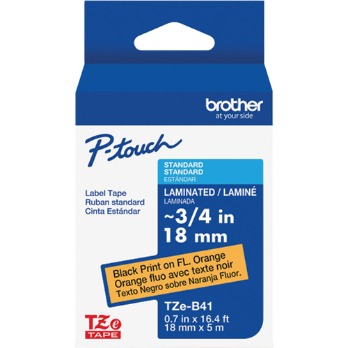 Ruban lamin&eacute; TZe-B41 pour &eacute;tiqueteuses P-Touch compatibles avec les rubans TZe, Noir sur orange fluorescent, Largeur de 0,7" Oxymax Inc