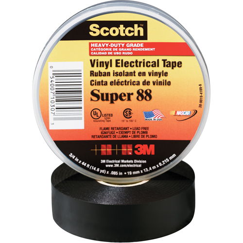 Scotch&reg; Super 88 Tape, 19 mm (3/4") x 20.1 m (66'), Black, 8.5 mils Oxymax Inc