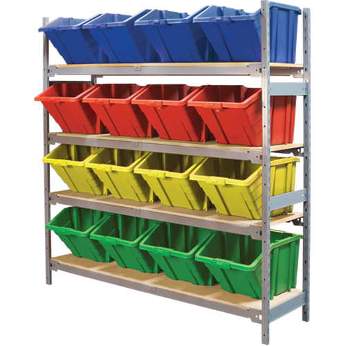 Wide Span Shelving with Jumbo Plastic Bins, Steel, Boltless, 800 lbs. Capacity, 66" W x 72" H x 18" D Oxymax Inc