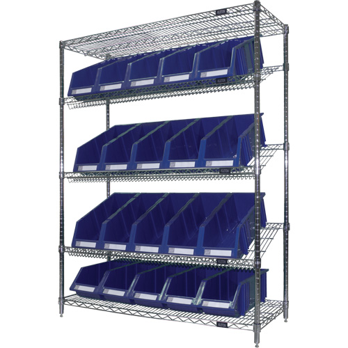 &eacute;tag&egrave;re en treillis m&eacute;tallique &agrave; tablettes inclin&eacute;es avec bacs, Tiers 5, 48" la x 63" h x 18" p Oxymax Inc