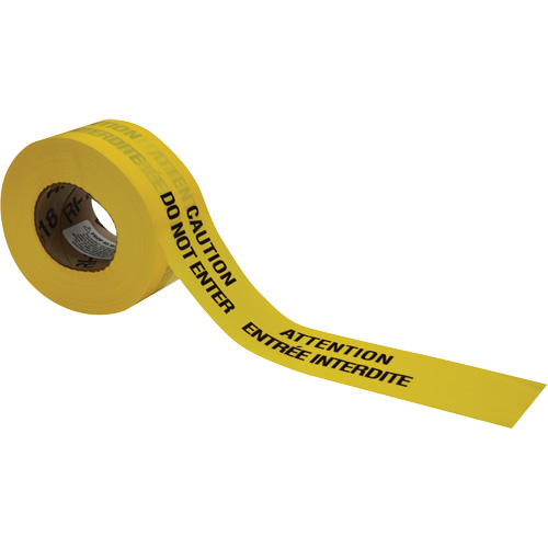 Barricade Tape, Bilingual, 3" W x 1000' L, 3.5 mils, Black on Yellow Oxymax Inc