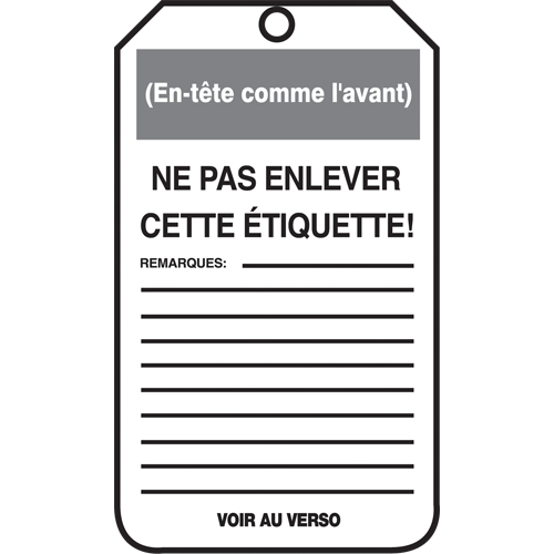 &eacute;tiquettes de verrouillage, Papier cartonn&eacute;, 3-1/8" la x 5-7/8" h, Français Oxymax Inc