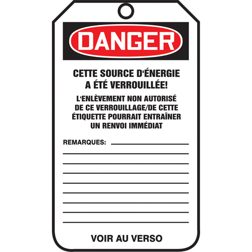 &eacute;tiquettes de verrouillage, Plastique, 3-3/8" la x 5-7/8" h, Français Oxymax Inc
