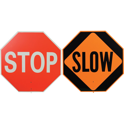 Double-Sided "Stop/Slow" Traffic Control Sign, 18" x 18", Plastic, English with Pictogram Oxymax Inc