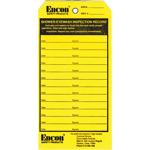 &eacute;tiquette de registre d'inspection pour douche oculaire & d'urgence, Papier cartonn&eacute;, 3-1/8" la x 6-1/4" h, Anglais Oxymax Inc