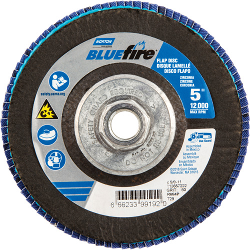 BlueFire&reg; Flap Disc, 5" x 5/8"-11, Type 29, 80 Grit, Zirconia Alumina Oxymax Inc
