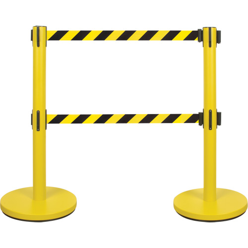 Barri&egrave;re pour le contr&ocirc;le des foules &agrave; courroie double, Acier, 35" h, Ruban Noir/Jaune, Longueur du ruban 7' Oxymax Inc