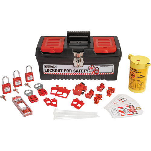 Trousse de cadenassage et d&eacute;tiquetage &eacute;lectrique avec cadenas de s&eacute;curit&eacute; en nylon dans une boîte &agrave; outils, Ensemble &eacute;lectrique, 33 composants compris Oxymax Inc