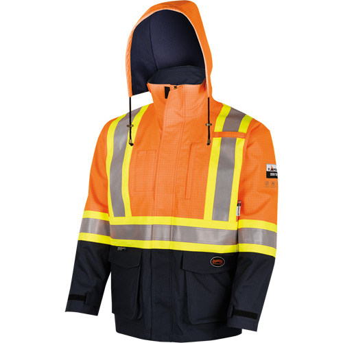 4484 Manteau de s&eacute;curit&eacute; Defender antistatique/ignifuge/anti-arc &eacute;lectrique en trilamin&eacute;, Petit, Noir/Orange haute visibilit&eacute;, 11 cal/cm² Oxymax Inc