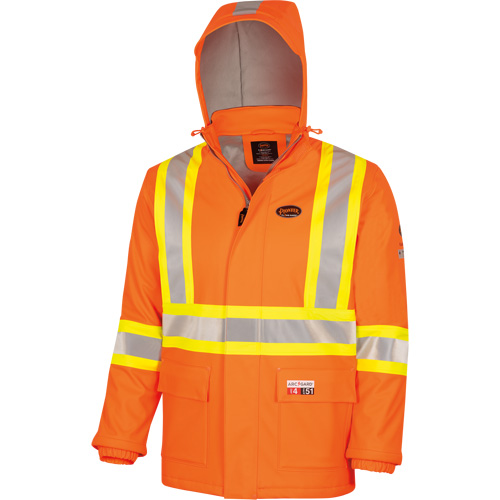 5884 Manteau imperm&eacute;able ignifuge et r&eacute;sistant aux arcs &eacute;lectriques avec capuchon Flash-Gard, Petit, Orange haute visibilit&eacute;, 51 cal/cm² Oxymax Inc