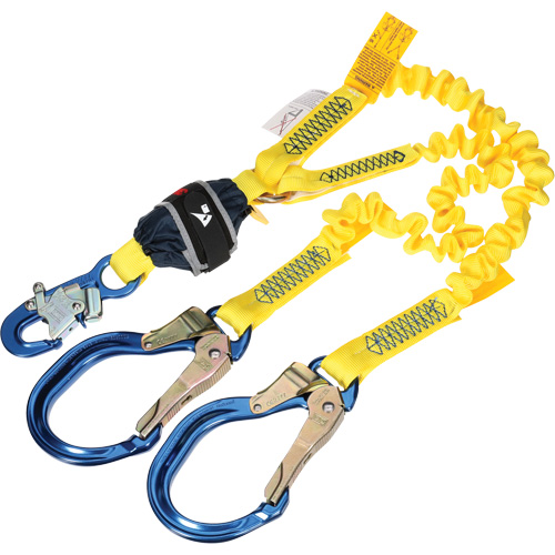 Twin-Leg Stretch Web Shock-Absorbing Lanyard, 6', Rebar Hook Center, Snap Hook Leg Ends Oxymax Inc