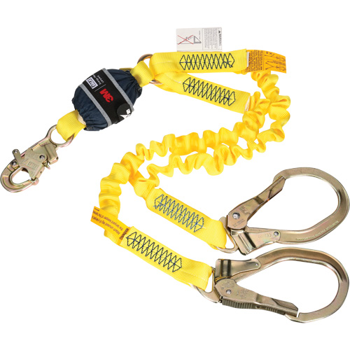 Twin-Leg Stretch Web Shock-Absorbing Lanyard, 6', Rebar Hook Center, Snap Hook Leg Ends Oxymax Inc