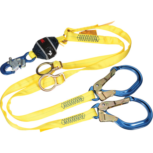 Twin-Leg Tie-Back Web Shock-Absorbing Lanyard, 6', Rebar Hook Center, Snap Hook Leg Ends, Polyester Oxymax Inc