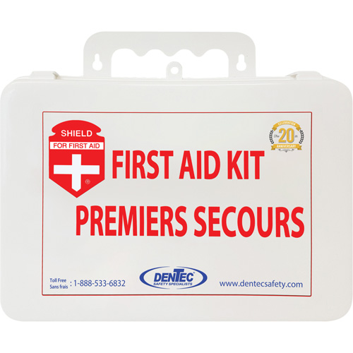Trousse de premiers soins Shield, R&eacute;pond ou surpasse la norme CSA Z1220-24 type 2 environnements &agrave; faible risque, Petit (2-25 travailleurs) Oxymax Inc