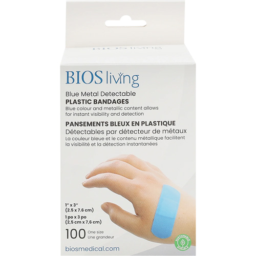 Blue Water-Resistant Bandages, Rectangular/Square, 3", Plastic Metal Detectable, Sterile Oxymax Inc