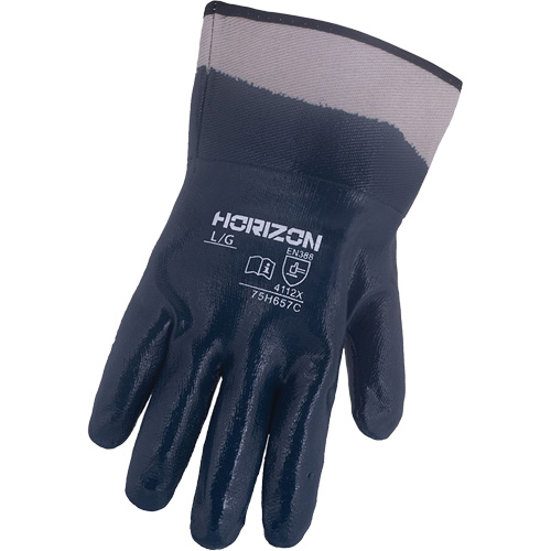 Gants bleu marine avec manchettes renforc&eacute;es &agrave; entoilage coll&eacute; Horizon, T-Grand, R&ecirc;vetement Nitrile, Enveloppe en Jersey/Coton Oxymax Inc