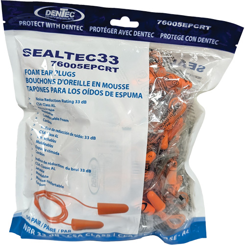 Bouchons d'oreilles coniques jetables en mousse de PU orange SEALTEC33, Vrac - Sac en poly, Avec cordon Oxymax Inc