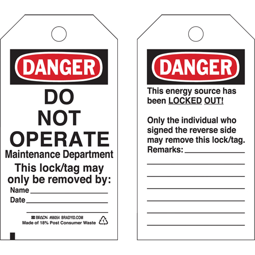 Lockout Tags, Plastic, 3" W x 5-3/4" H, English Oxymax Inc