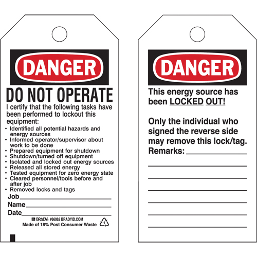 Lockout Tags, Plastic, 3" W x 5-1/2" H, English Oxymax Inc