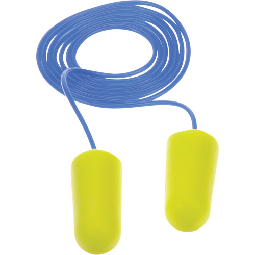 Bouchons d'oreilles n&eacute;on jaune E-A-Rsoft, Vrac - Sac en poly, Avec cordon Oxymax Inc